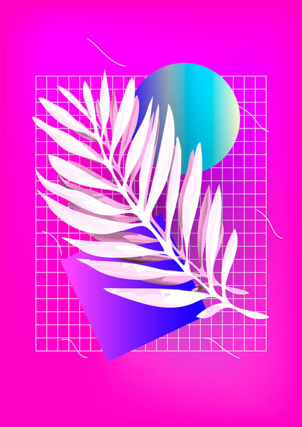 Palmblatt mit abstrakten Formen auf rosa Hintergrund. Dampfwelle Stil Illustration, Ästhetik. - Vektor, Bild