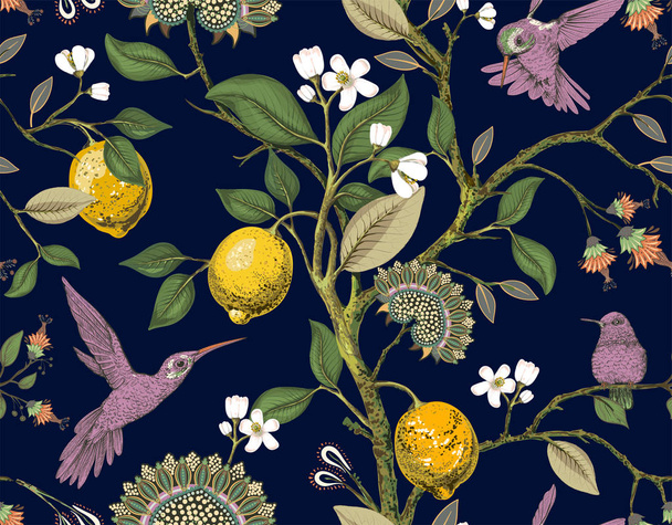 花のベクトルのシームレスなパターン。植物の壁紙。植物、鳥花背景。自然のヴィンテージ壁紙を描かれています。レモン、花、ハチドリの庭に咲きます。デザイン、生地繊維 - ベクター画像