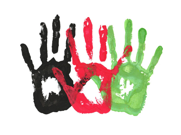 impronte delle mani sotto forma di bandiera afghana. nero, rosso, verde della bandiera
 - Foto, immagini