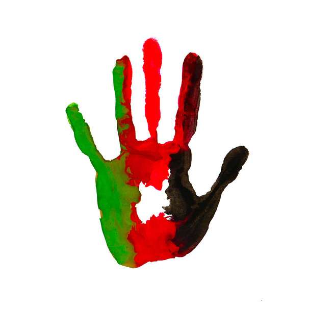 αποτύπωμα παλάμης με τη μορφή της σημαίας του Αφγανιστάν. μαύρο, κόκκινο, πράσινο χρώμα της σημαίας - Φωτογραφία, εικόνα