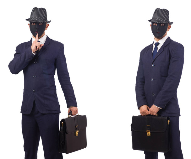 Homem com máscara e maleta isolado em branco
  - Foto, Imagem