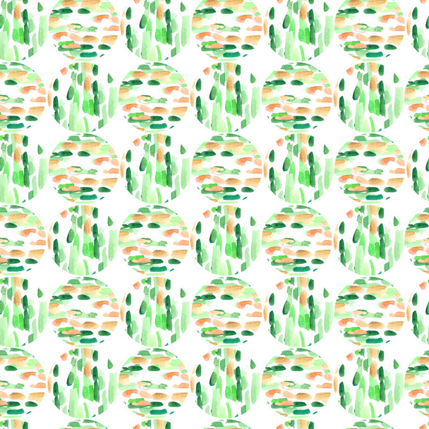Hand painted abstract watercolor sand color and green seamless pattern of shapes, circles, stripes and spots - 写真・画像