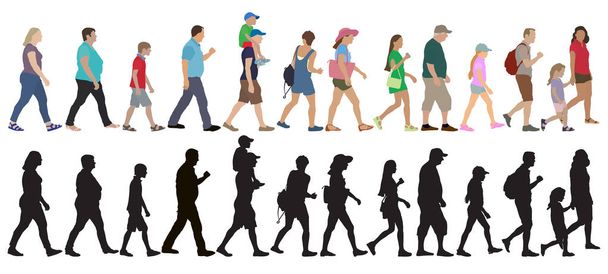 Set of walking people (crowd) and silhouettes, isolated. Vector  - Vector, Image