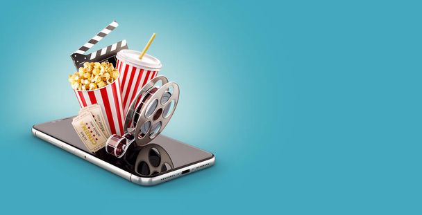 Smartphone-Anwendung für den Online-Kauf und die Buchung von Kinokarten. Live Filme und Videos ansehen. Ungewöhnliche 3D-Illustration von Popcorn, Kinohaspel, Einwegbecher, Klöppel und Eintrittskarten auf Smarthone - Foto, Bild