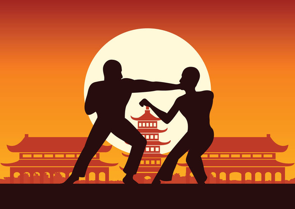 Chinese Boxing Kung Fu martial art famous sport,two boxer fight  - Vector, Image