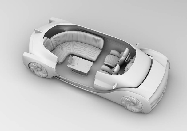 Intermezzo klei renderen zelf rijden elektrische auto-interieur. Lounge stoel en achterzijde tegenover zetels. 3D rendering beeld. - Foto, afbeelding