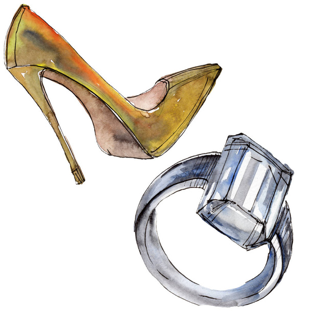 Ring and shoe sketch fashion glamour illustration in a watercolor style isolated aquarelle element. Clothes accessories set trendy vogue outfit. Watercolour background illustration set. - 写真・画像