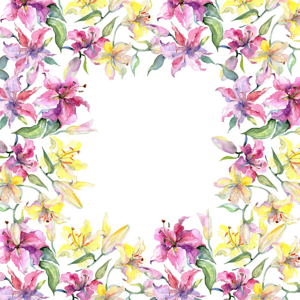 Κίτρινο και μοβ lillies floral βοτανικό λουλούδια. Άγρια άνοιξη φύλλων απομονωμένη. Ακουαρέλα φόντο εικόνα σύνολο. Ακουαρέλα σχεδίασης μόδας ακουαρέλα. Πλαίσιο συνόρων στολίδι τετράγωνο. - Φωτογραφία, εικόνα