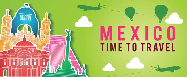 zöld zászló Mexikó híres mérföldkő sziluettje színes stílus - Vektor, kép