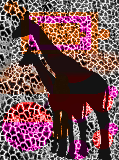 Абстрактна ілюстрація безшовного візерунка жирафа і тварин. Кольорова графіка. Дизайн для фону, шпалер, обкладинок та упаковки
. - Фото, зображення