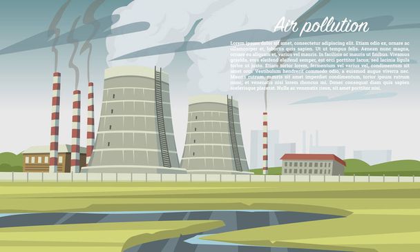 Η ατμοσφαιρική ρύπανση. Αιθαλομίχλη καμινάδα, άνθρακα βιομηχανίας εργοστάσιο, πυρηνικά εργοστάσια. Εκπομπές τοξικών και επικίνδυνων ραδιενεργών αποβλήτων, πύργους του διοξειδίου του άνθρακα από το κάπνισμα. Περιβαλλοντικό πρόβλημα. Οικολογική καταστροφή.  - Διάνυσμα, εικόνα