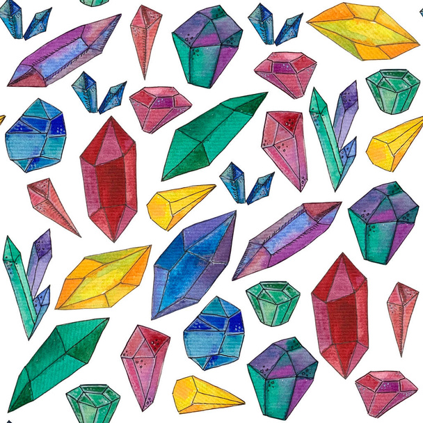 Seamless pattern with watercolor illustration of crystals gems. - Photo, Image