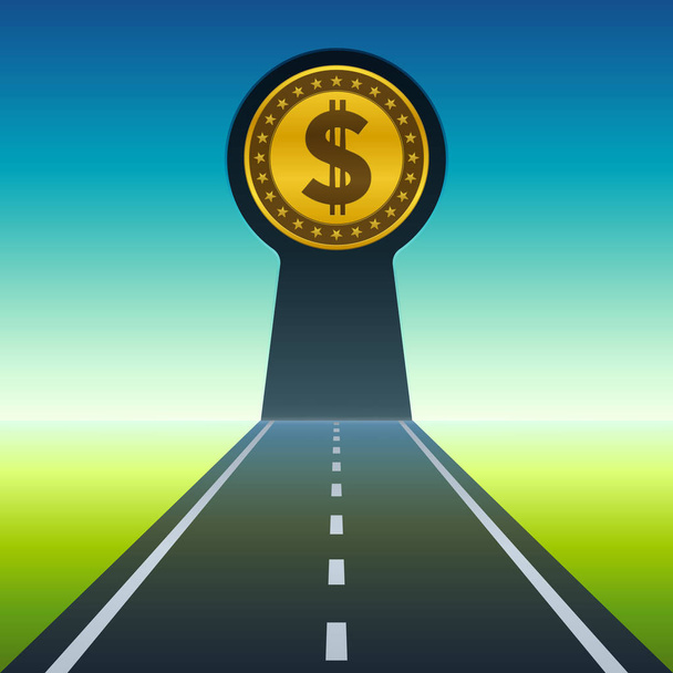 Dollar coin and keyhole shape at end of road - Vector, Image