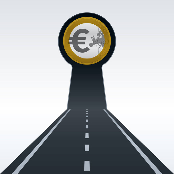 Евро монеты и замочную скважину форму в конце дороги - Вектор,изображение