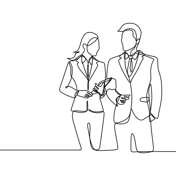 Дві людини офісного працівника. концепція боса і його секретарка стоїть виглядає ніжним і дивовижним безперервним одним лінійним малюнком Векторні ілюстрації мінімалізм стиль тема
. - Вектор, зображення