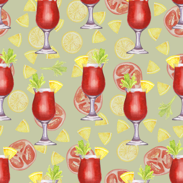 Hand drawn watercolor blood Mary cocktail seamless pattern on grey background - Foto, Imagen