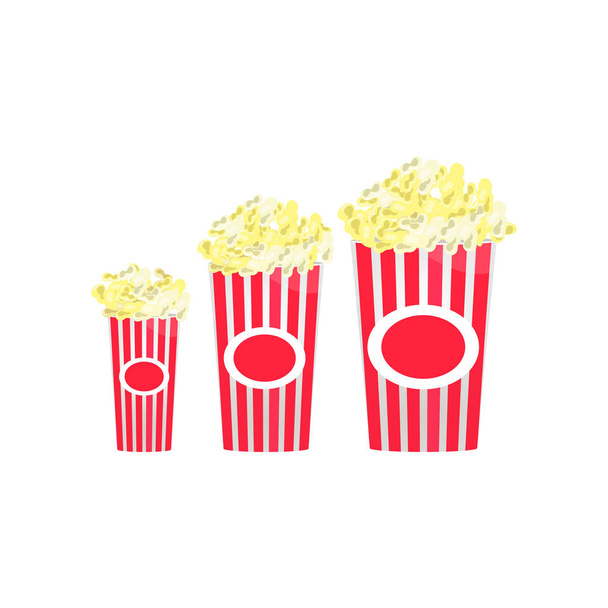 Aantal volledige rood-wit gestreepte popcorn grote, middelste, kleine emmers. - Vector, afbeelding