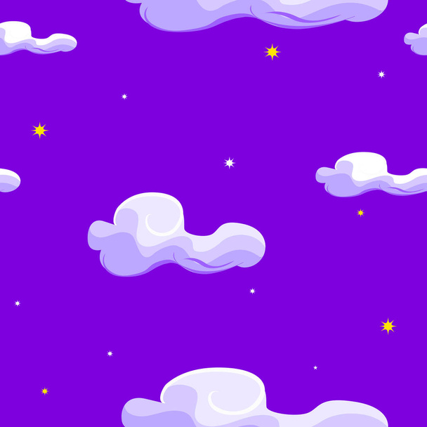 Cute clouds and night sky with stars seamless pattern. Vector hand drawn illustration. Texture for printing, wrapping, wallpaper, fabric, and textile.  - ベクター画像