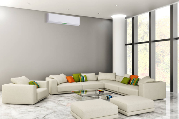 large luxury modern bright interiors living room with air conditioning illustration 3D rendering - Photo, Image