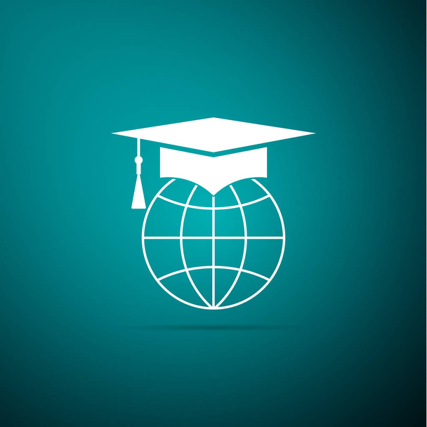 Tapa de graduación en icono globo aislado sobre fondo verde. Símbolo de educación mundial. Concepto de aprendizaje en línea o aprendizaje electrónico. Diseño plano. Ilustración vectorial
 - Vector, Imagen