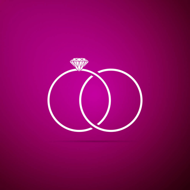 Trouwringen pictogram geïsoleerd op paarse achtergrond. Bruid en bruidegom sieraden teken. Het pictogram van het huwelijk. Ring van de diamant. Platte ontwerp. Vectorillustratie - Vector, afbeelding