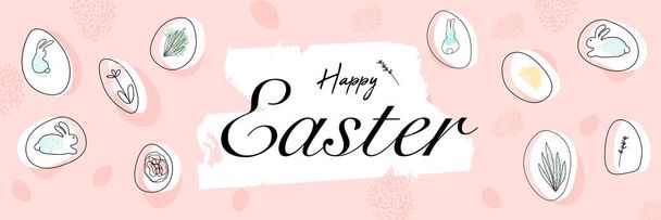 Boldog Húsvét üdvözlés zászló-val különböző szerves alak és Doodles-ból virágok, ikra és nyuszi állatok  - Vektor, kép