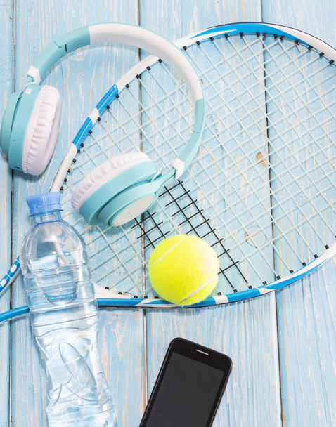 Sports equipment. Sports kit. Tennis racket and ball. - Photo, Image