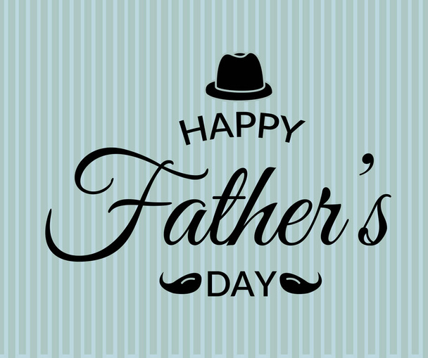 Fathers Day Greeting Card. Lettering Calligraphic Design in black isolated on retro blue green striped background. Happy Fathers Day Inscription with fedora hat and mustache. Simple flat Vector eps10 - Vector, Image