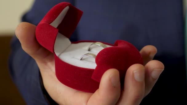 Bruidegom houdt doos met trouwringen in zijn hand voor voorstel aan zijn geliefd. Het creëren van nieuwe familie. Close-up - Video