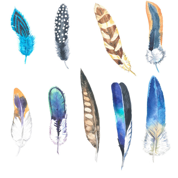 Watercolor illustration. Hand drawn feather set. Boho style. Elements for design. Cloth rug design. - Fotó, kép