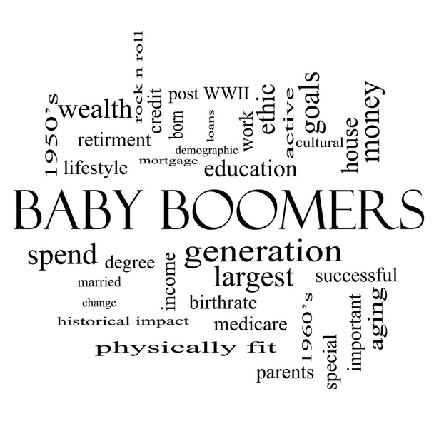 Baby boomers έννοια σύννεφο λέξη σε μαύρο και άσπρο - Φωτογραφία, εικόνα