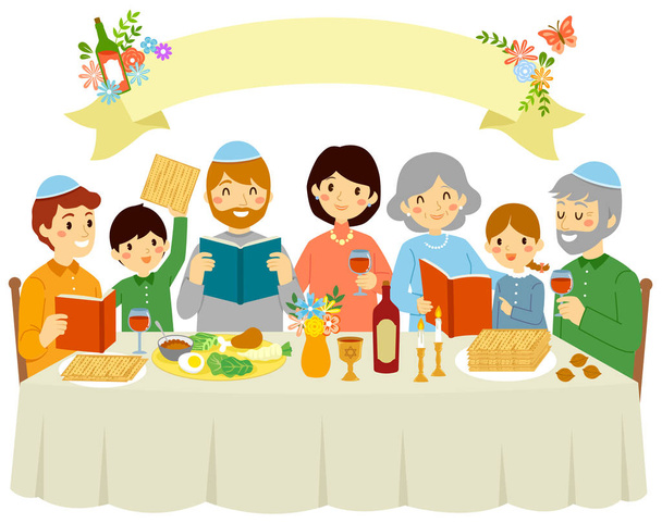 glückliche jüdische Familie feiert Pessachabend unter einem leeren Banner mit Blumenschmuck. - Vektor, Bild