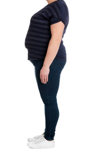 Overweight woman on white background, closeup. Weight loss - Φωτογραφία, εικόνα