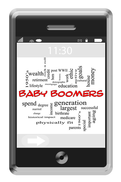 Concepto de nube de palabras de los baby boomers en el teléfono con pantalla táctil
 - Foto, imagen