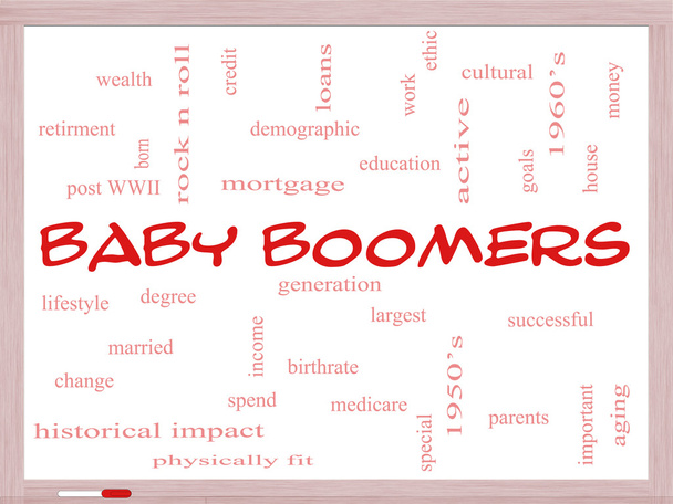 Baby Boomers Conceito de nuvem de palavras em um quadro branco
 - Foto, Imagem