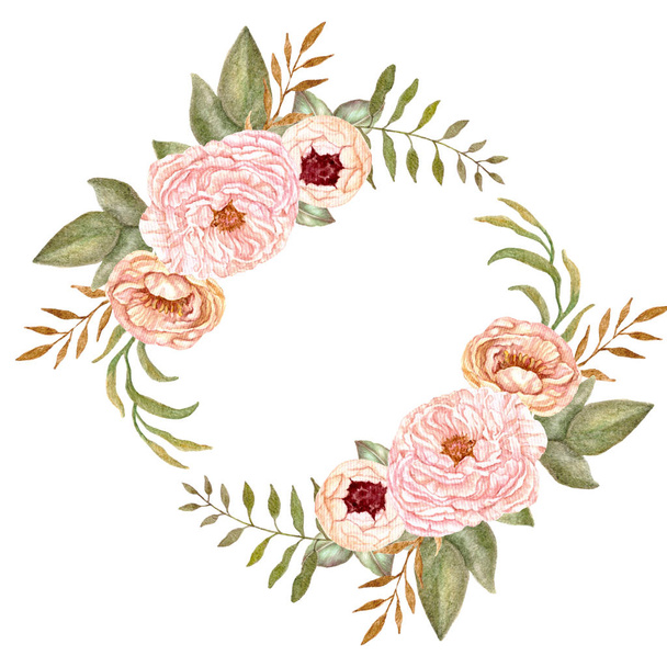 Watercolor floral wreath, flower frame, hand painted botanical illustration for wedding invitation template, birthday greeting card, print backdrop. - 写真・画像