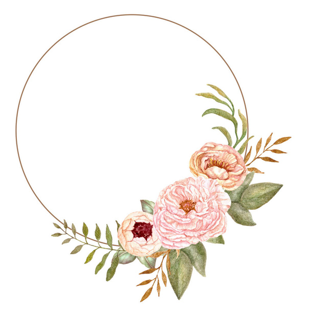 Watercolor floral wreath, flower frame, hand painted botanical illustration for wedding invitation template, birthday greeting card, print backdrop. - Fotó, kép