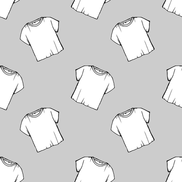 vector white t-shirt seamless pattern. laundry design. clearance dry cleaning. packaging. drawing net white t-shirt. gray background - Vecteur, image
