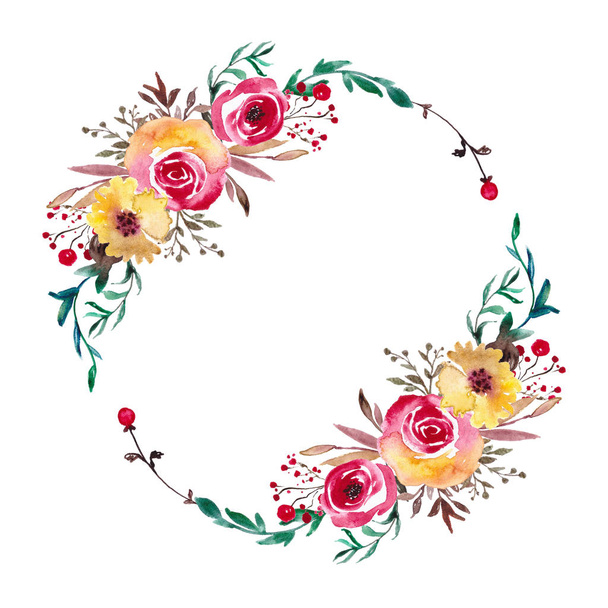 Floral wreath, watercolor frame, hand painted flower illustration, wedding flowers, invitation template. - 写真・画像