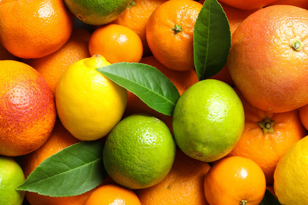 Different citrus fruits as background, top view - Foto, afbeelding