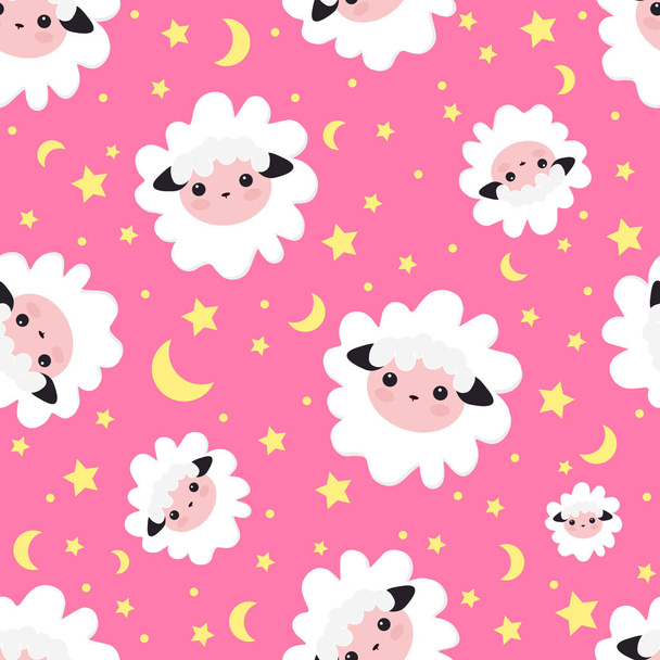Sleeping dreams pattern. vector illustration seamless sheep animal. pink pattern for girls with cute sheep in the starry sky . Textile design, wallpapers, backgrounds and prints, packaging - Vector, Image