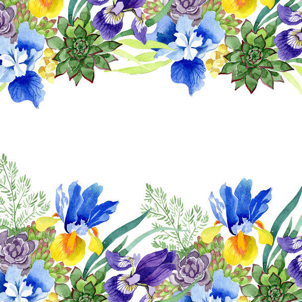 Blauwe irissen boeket bloemen botanische bloemen. Wild voorjaar blad wildflower geïsoleerd. Aquarel achtergrond afbeelding instellen. Aquarel tekenen mode aquarelle. Frame grens ornament vierkant. - Foto, afbeelding