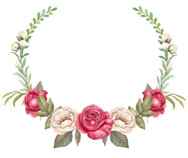 Vintage red roses wreath, watercolor floral frame, realistic flowers illustration. - Foto, afbeelding