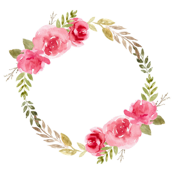 Watercolor floral wreath with pink flowers. Rose frame, hand painted illustration. - Foto, Imagem