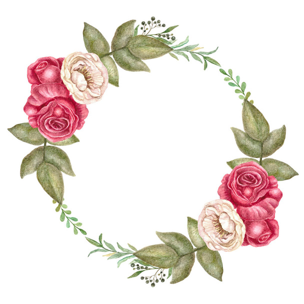 Vintage red roses wreath, watercolor floral frame, realistic flowers illustration. - Zdjęcie, obraz