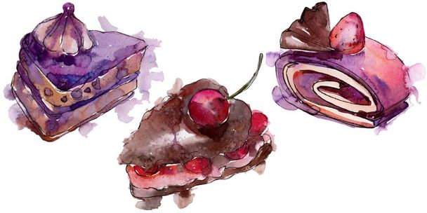 Sabroso pastel con frutas en un estilo acuarela aislado. Postre dulce Aquarelle para textura, fondo o ilustración de menú. Acuarela dibujo moda acuarela conjunto
. - Foto, Imagen