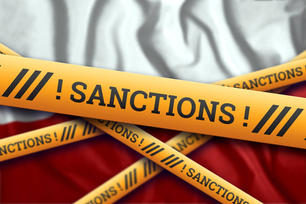 Creative background, the inscription on the flag of Poland, sanctions, yellow fencing tape. The concept of sanctions, policies, conditions, requirements, trade wars. 3d rendering, 3d illustration - Фото, зображення