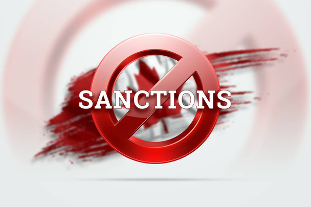 The sign of the ban, the inscription of the sanctions on the flag of Canada. Concept of sanctions and embargo, import ban, politics, 3d rendering, 3d illustration. - Foto, imagen