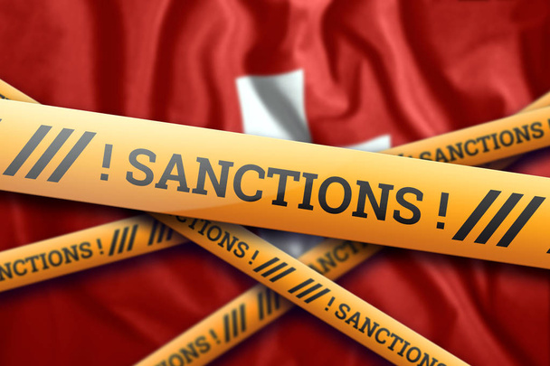 Creative background, the inscription on the flag of Switzerland, sanctions, yellow fencing tape. The concept of sanctions, policies, conditions, requirements. 3d rendering, 3d illustration - Фото, зображення