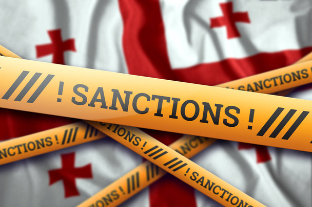 Creative background, inscription on the flag of Georgia, sanctions, yellow fencing tape. The concept of sanctions, policies, conditions, requirements, trade wars. 3d rendering, 3d illustration - Foto, imagen